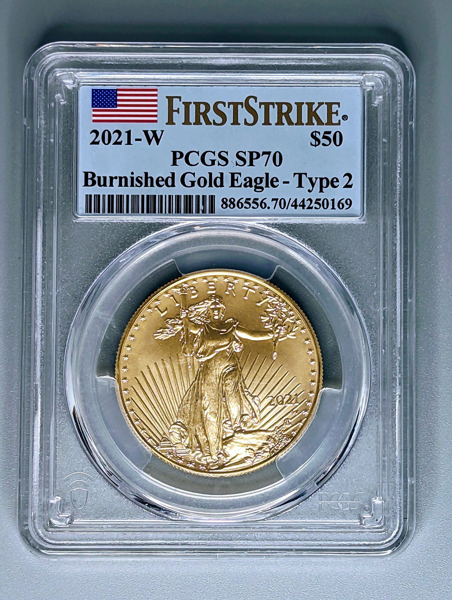 2021-W Burnished Gold Eagle Coin, Type 2 - SP70 PCGS - First Strike