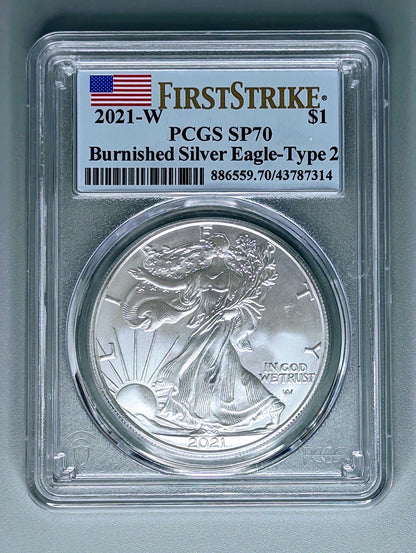 2021-W Burnished Silver Eagle Coin, Type 2 - PCGS SP70 - First Strike