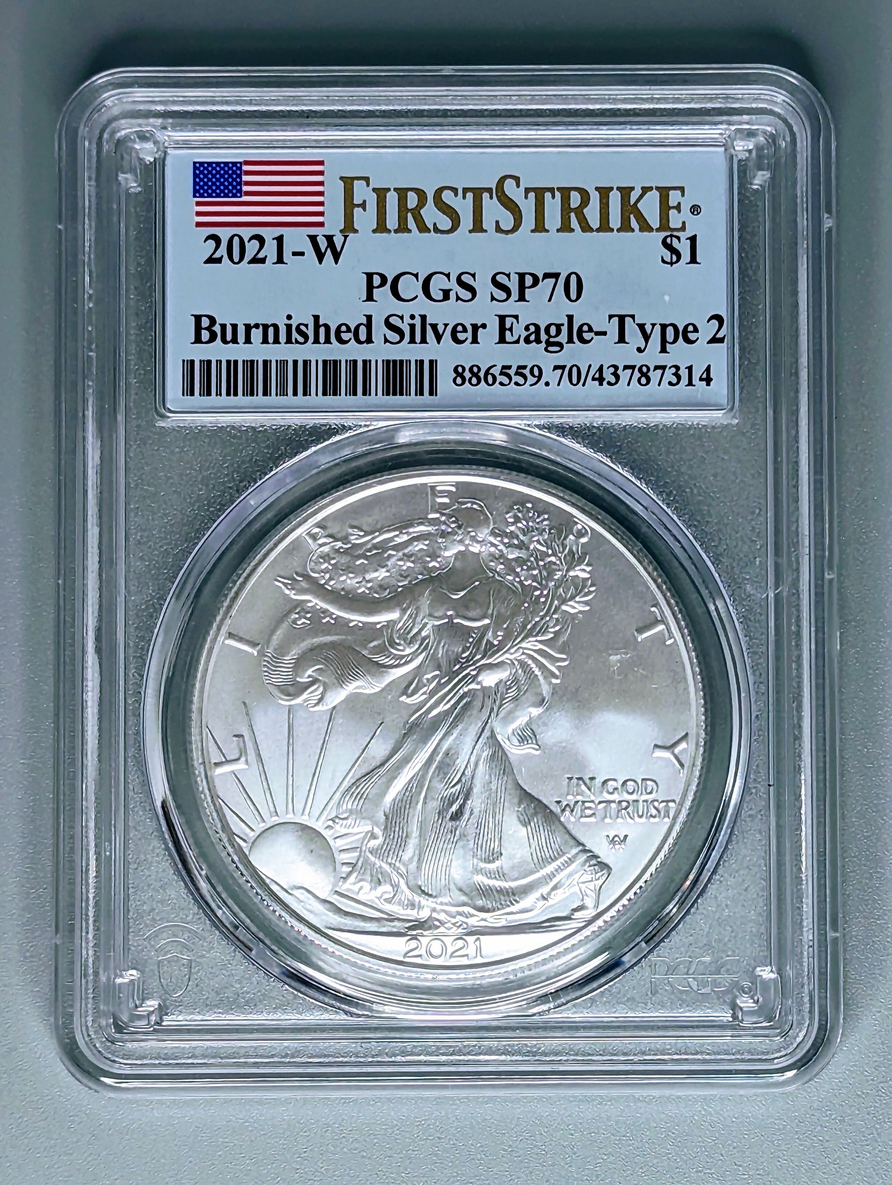 2021-W Burnished Silver Eagle Coin, Type 2 - PCGS SP70 - First Strike — view 4