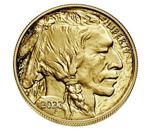 Front view of the 2023 $50 American Buffalo Gold Coin, 1 oz of .9999 fine gold.
