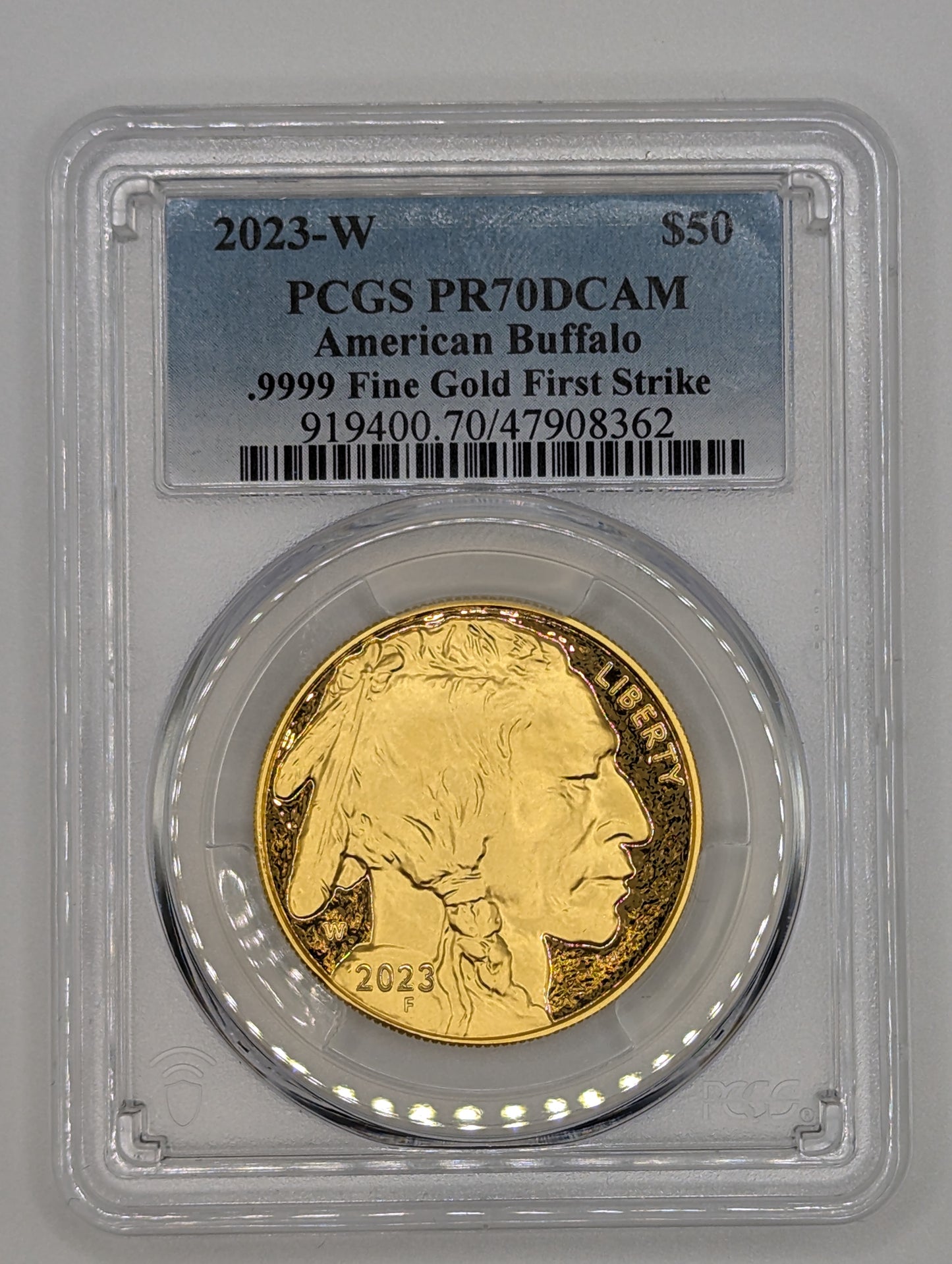 Front view of the 2023 $50 Gold Buffalo Coin graded PR70 DCAM by PCGS, First Strike.