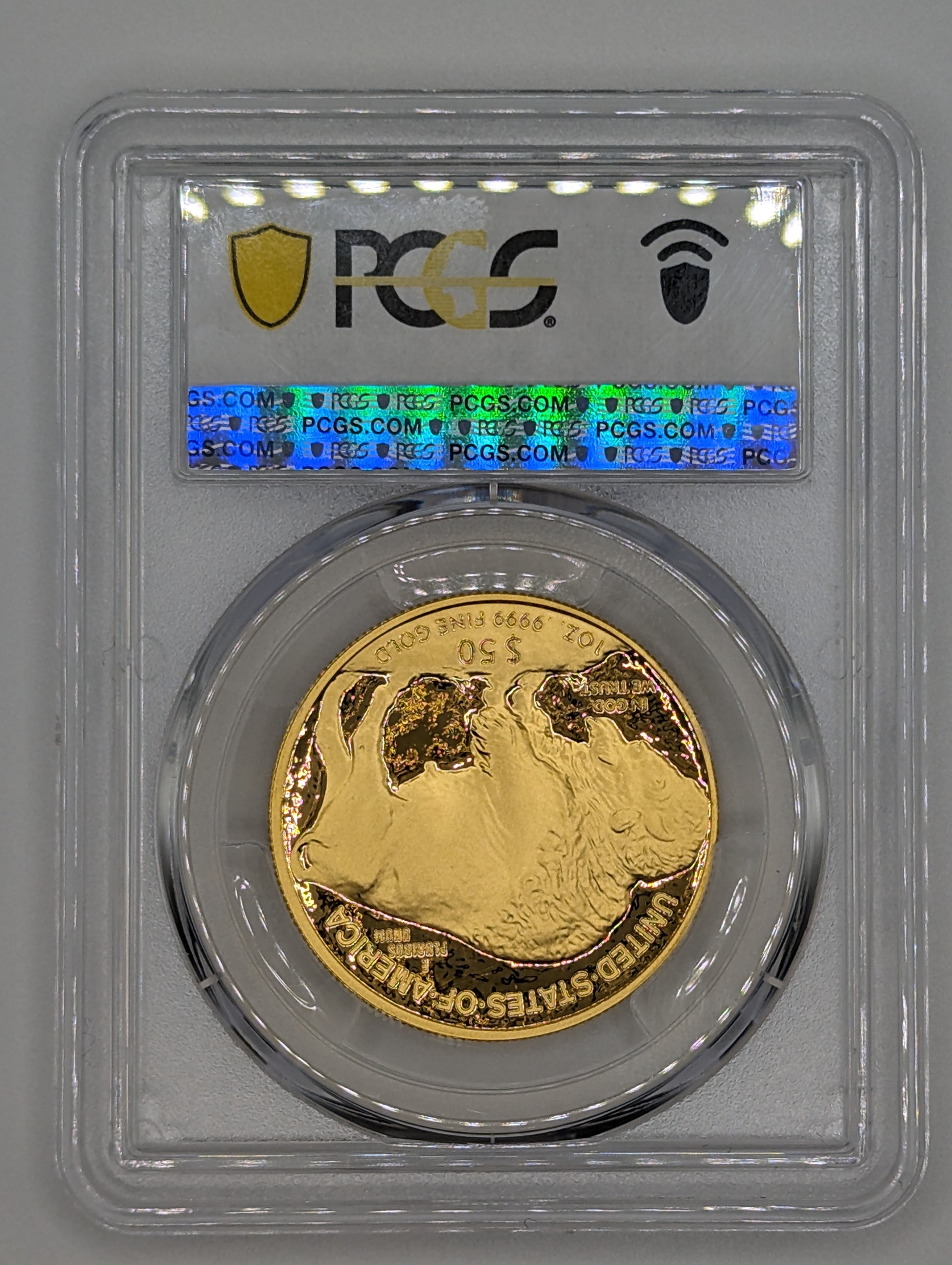 Rear view of the 2023 $50 Gold Buffalo Coin, graded PR70 DCAM by PCGS, with First Strike certification.