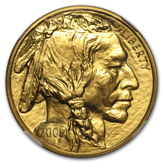 Front view of the 2009 $50 1 oz. Gold Buffalo Coin. Minted in 24k .9999 gold, this PCGS MS70 coin represents the perfect grade for bullion and numismatic collectors.