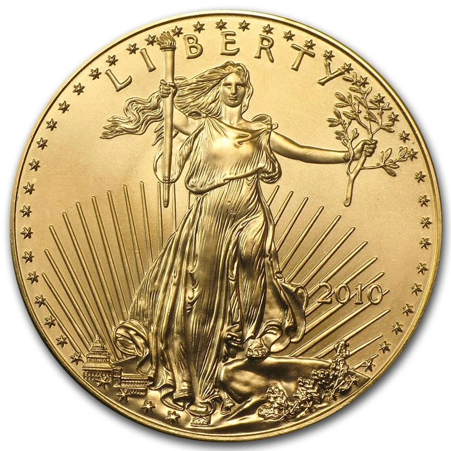 Front view of the 2010 American Gold Eagle Bullion Coin, featuring Lady Liberty.